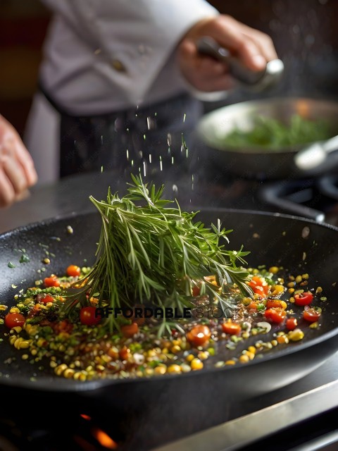 A chef sprinkles fresh herbs on a dish