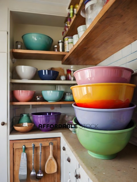 Colorful Bowls on Shelf in Kitchen