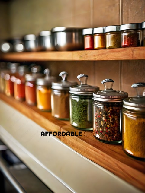 Spices and Herbs in Glass Jars on a Shelf
