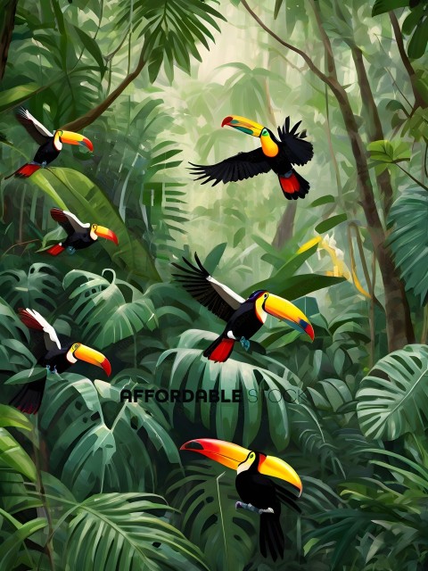 A group of colorful birds in a jungle
