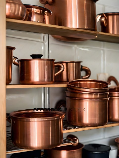 A row of copper pots on a shelf