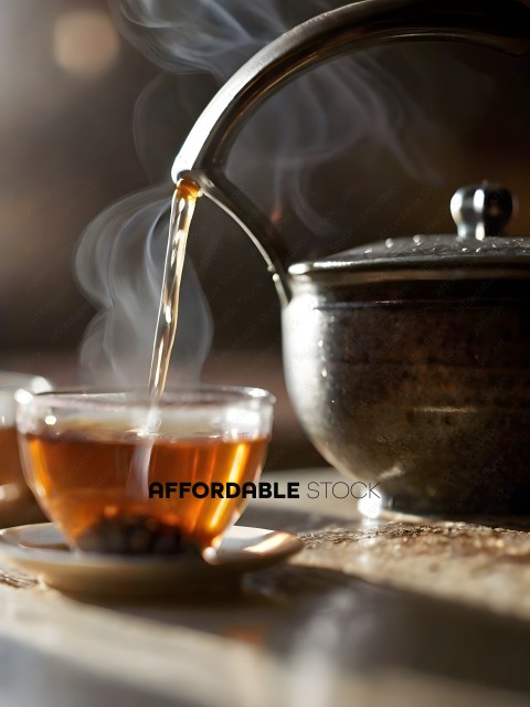 A cup of tea being poured into a teapot