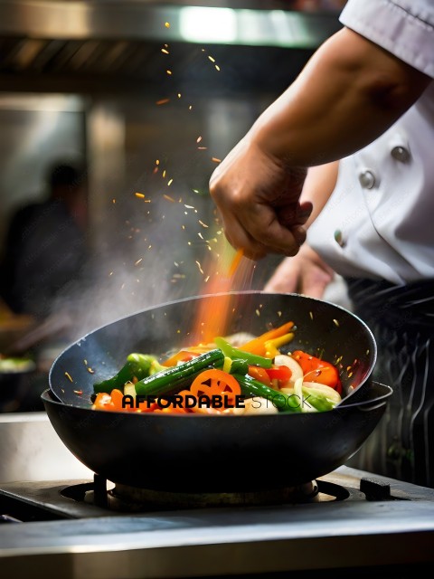 A chef pouring a sauce into a pan of vegetables