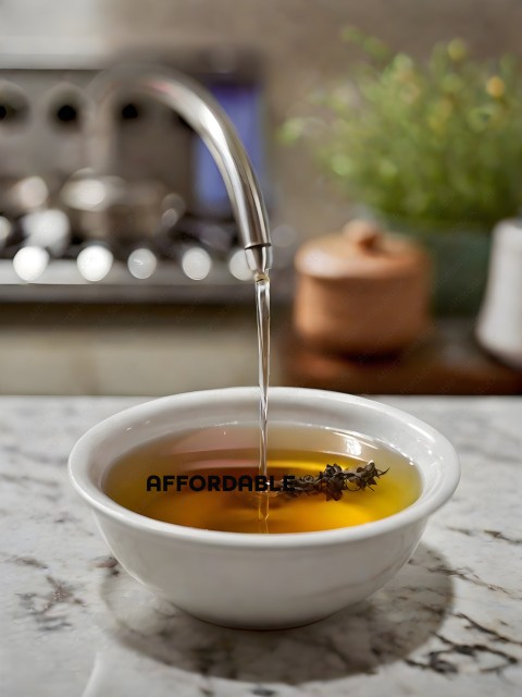 A cup of tea being poured into a bowl