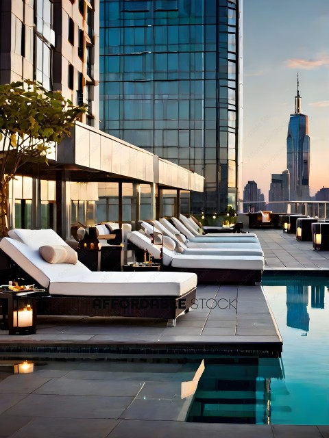 A luxurious rooftop pool with a city skyline in the background