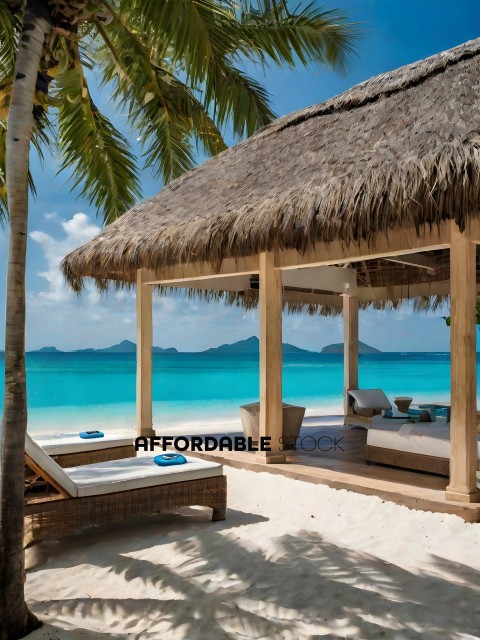 A hut with a thatched roof overlooking a beautiful beach