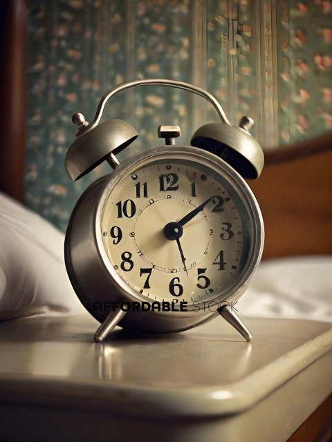 A small alarm clock with a white face and black hands