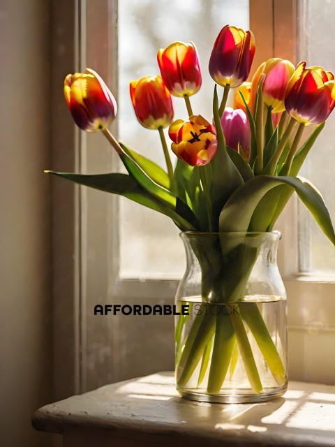 Vase of Tulips on Window Sill