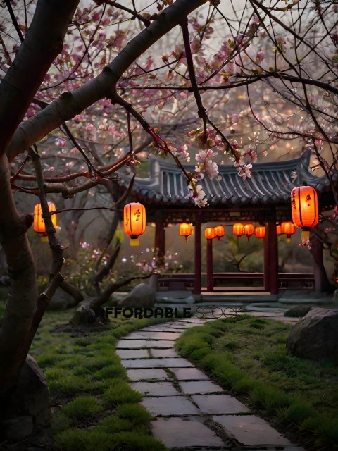A pathway lined with flowers and lanterns