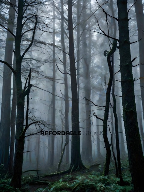 A forest with trees and mist
