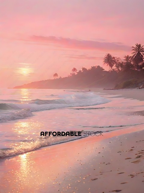 A beautiful beach scene with a pink sky
