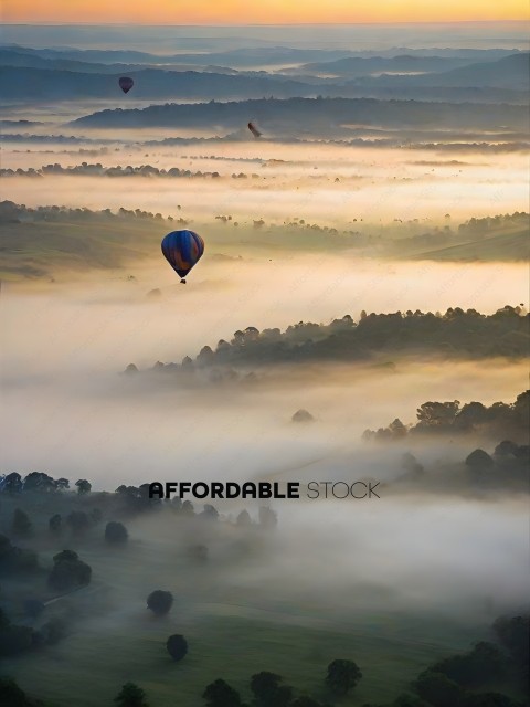 A hot air balloon is flying over a foggy valley