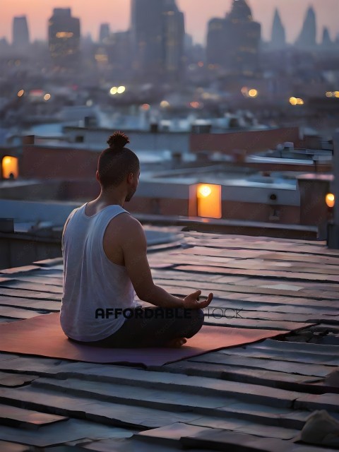 Man meditating on a rooftop with a cityscape in the background