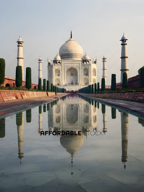 A reflection of the Taj Mahal in a pool of water