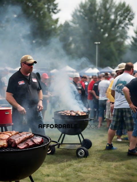 Man Cooking Meat on Grill at Outdoor Event