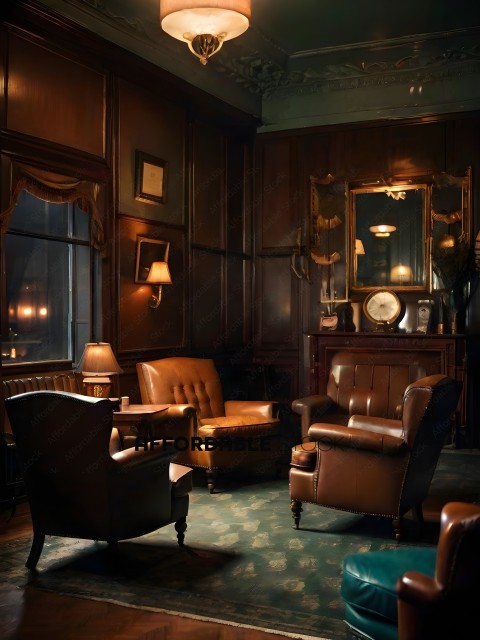 A darkly lit room with leather furniture