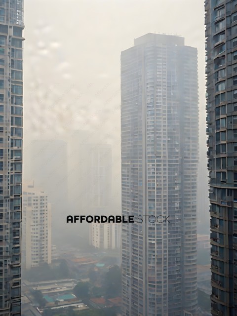 Tall buildings in a city with fog