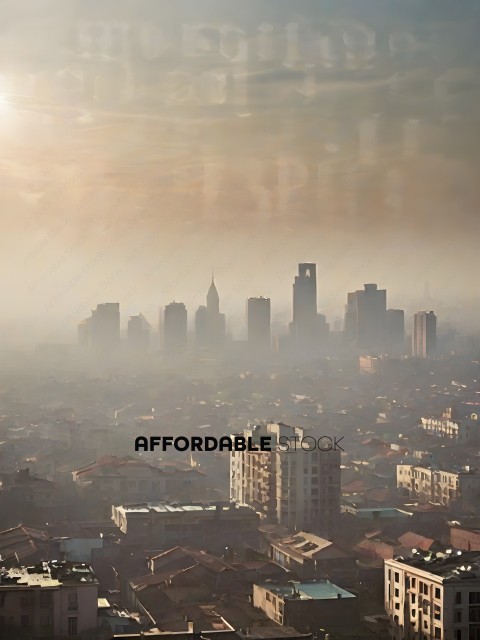 A cityscape with a hazy skyline