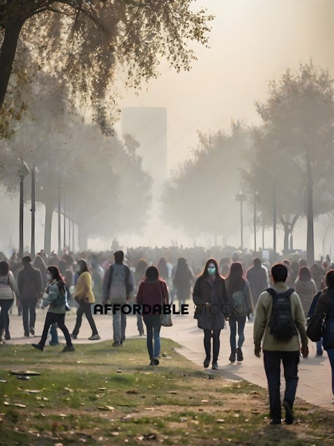 A crowd of people walking in a park on a foggy day