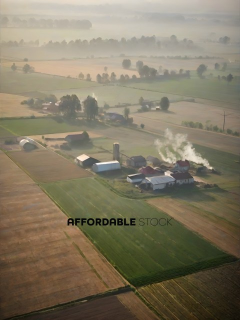 A farm with a silo and smoke coming out of it