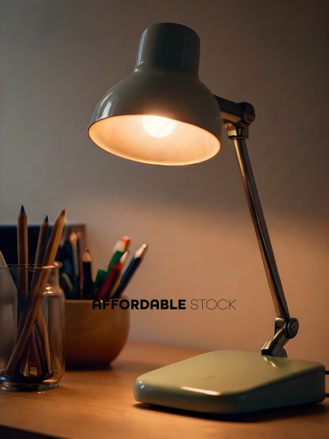 A desk lamp with a white shade and a green base