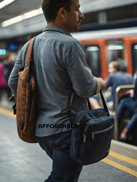 A man with a bag walking on a train platform