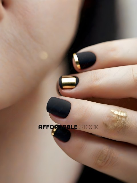 A person with black nails and gold accents