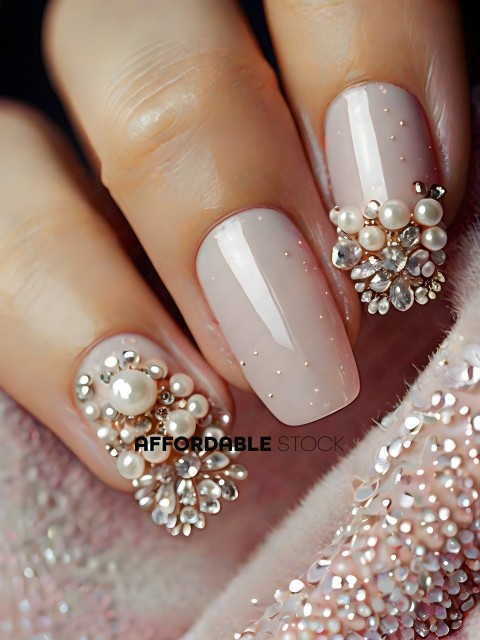 A woman with a manicure featuring pink nail polish and pearl accents
