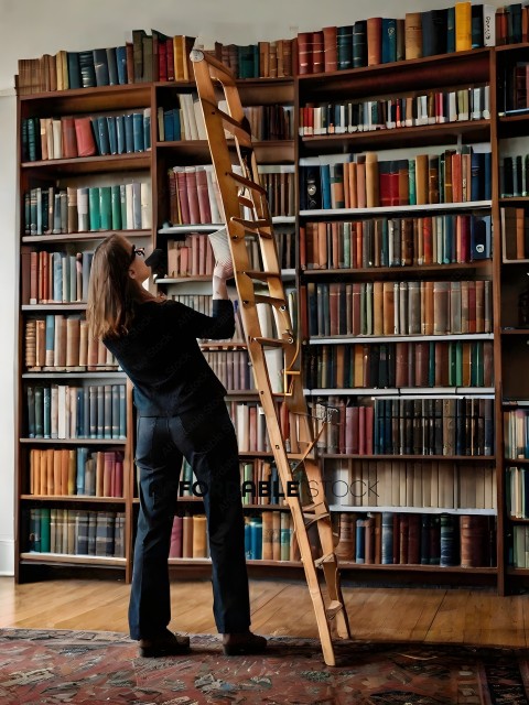 A woman climbs a ladder to reach a book on a high shelf