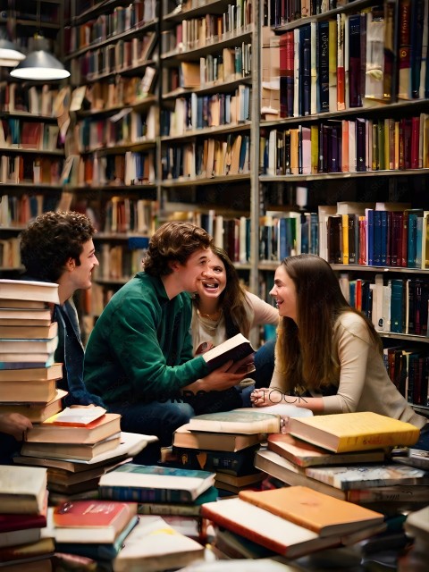 Three friends sitting on a stack of books laughing
