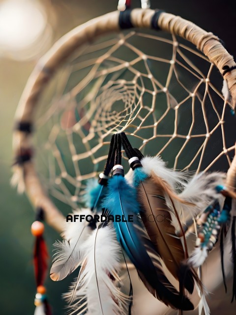 A feathered dream catcher with blue and white feathers