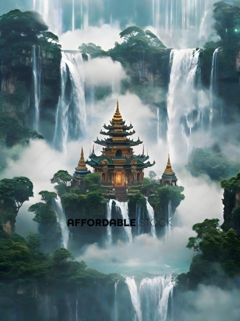 A fantasy castle with waterfalls and a pagoda