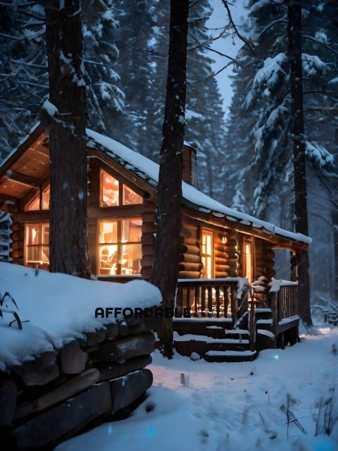 A cozy cabin in the woods with snow on the ground