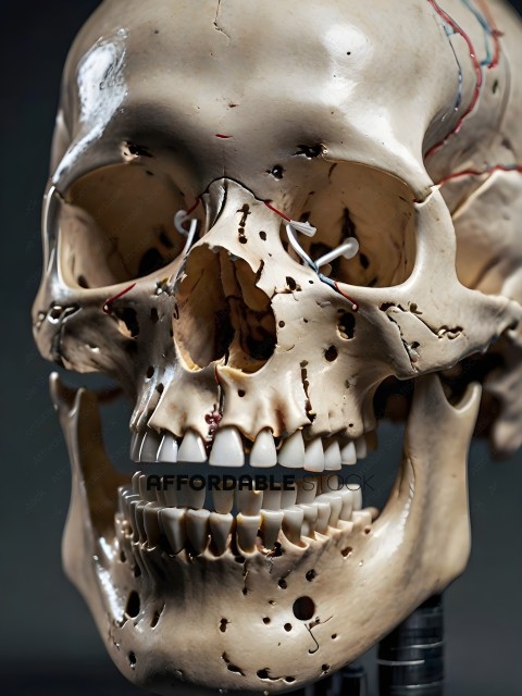 A close up of a skull with a wire in its nose
