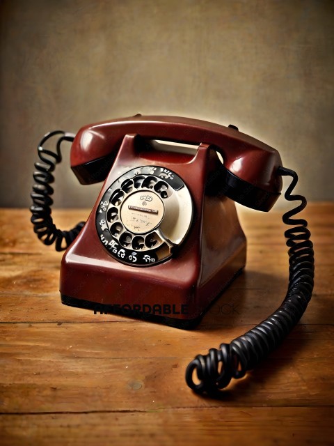 A red rotary dial telephone with a black cord