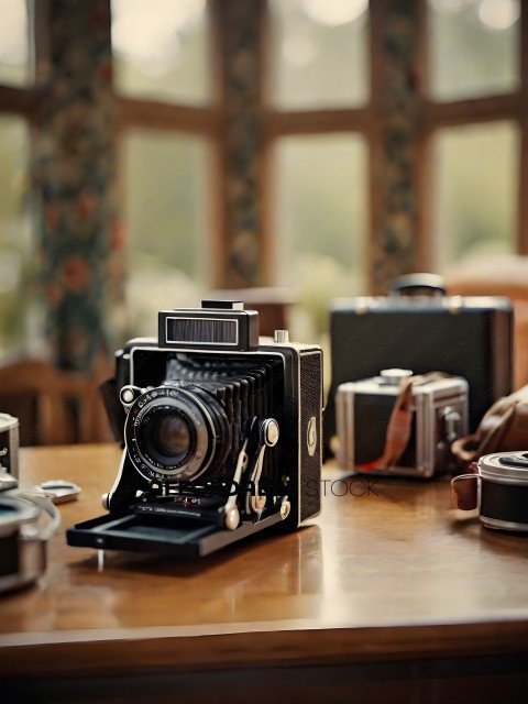 Vintage cameras on a table