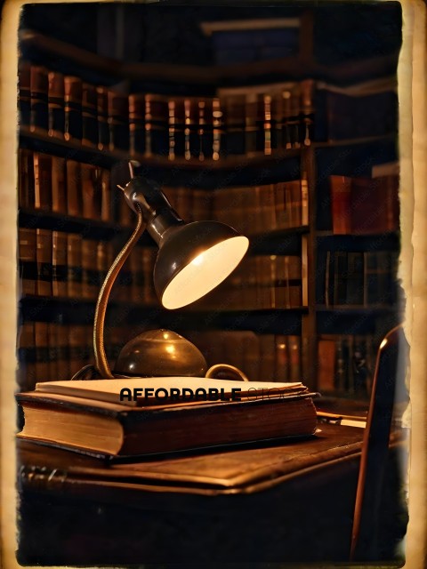 A lamp with a white shade on a desk with books