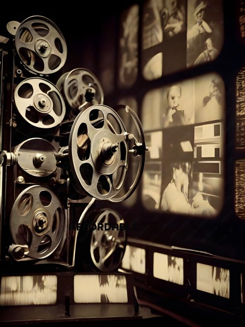 A film projector with a screen showing a film