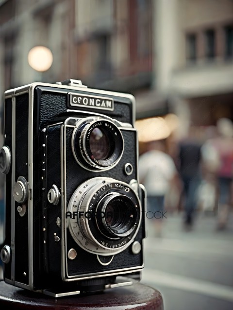 A black and silver camera with a logo on the front