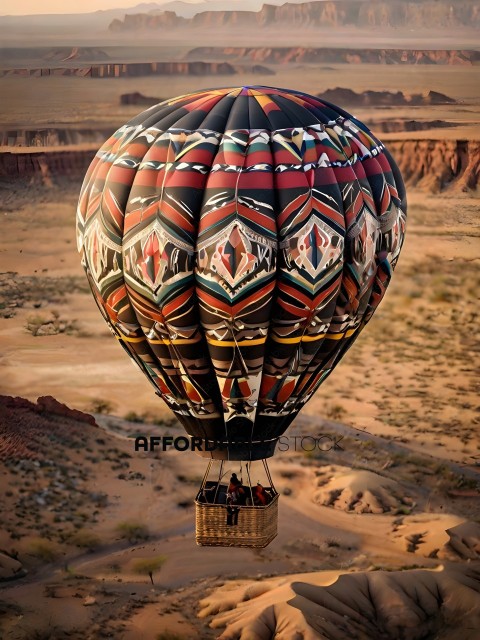 A hot air balloon with a basket and people in it