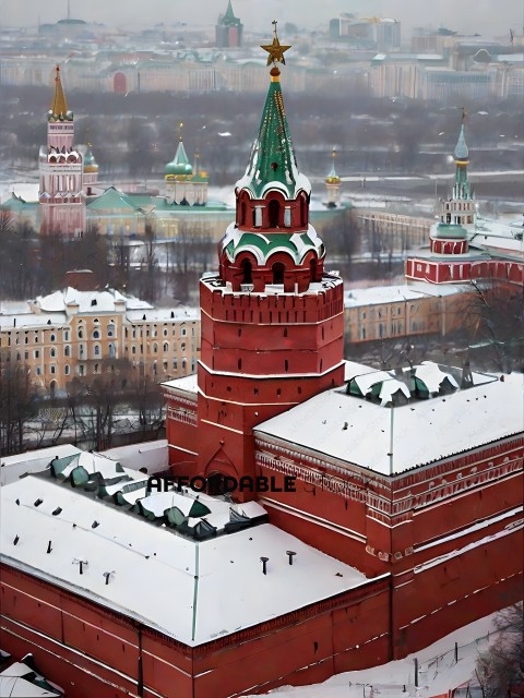 A snowy view of the Kremlin in Russia