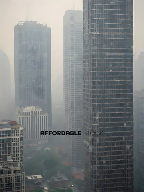 Tall buildings in a city with fog