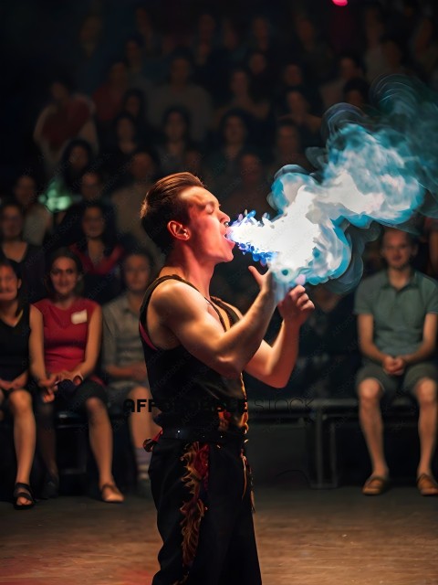 Man blowing fire from mouth in front of crowd