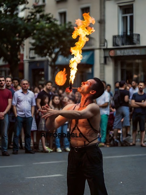 Man with fire in mouth on street