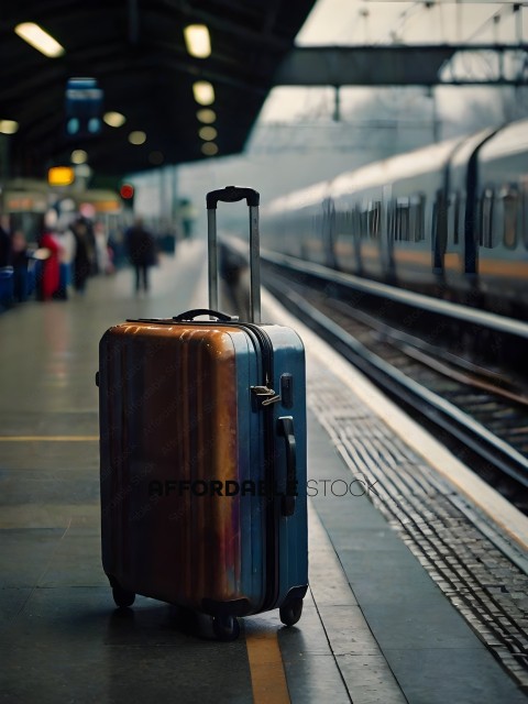 A suitcase sits on a train platform