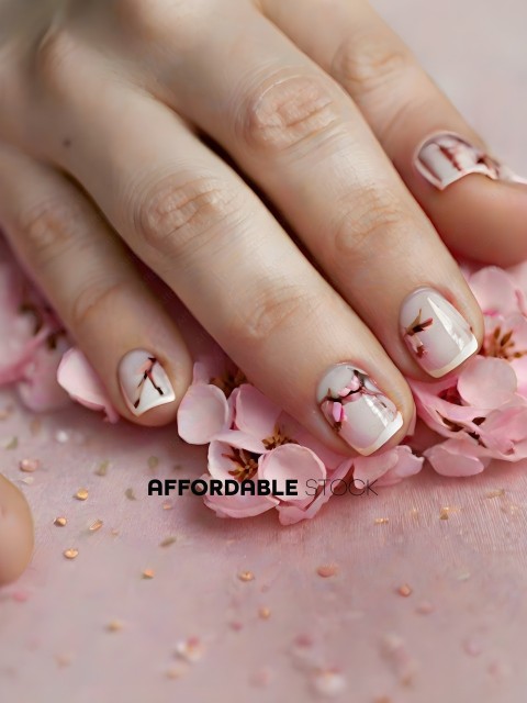 A person's hand with a flower painted on their nail