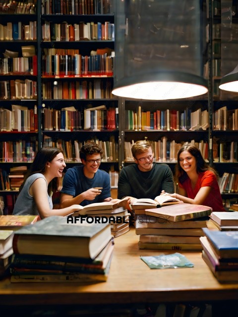 Four people sitting at a table with books