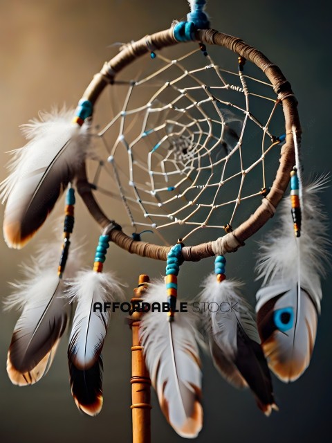 A feathered dream catcher with blue and white beads