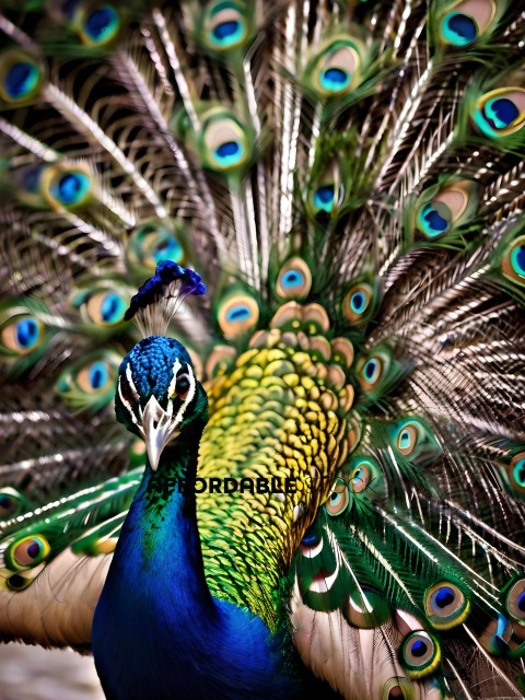 A peacock with a blue head and green body