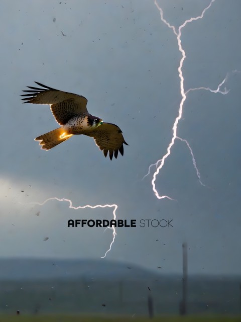 A hawk flying in the sky with lightning in the background